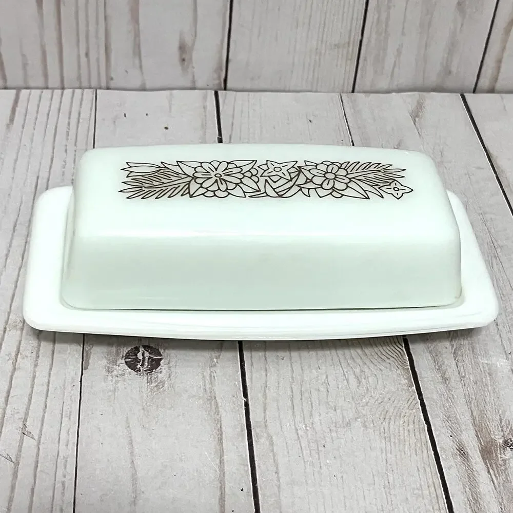 Vintage Pyrex 72-B Woodland 2 Pc Butter Dish Set w/ Lid Milk Glass Rectangle MCM